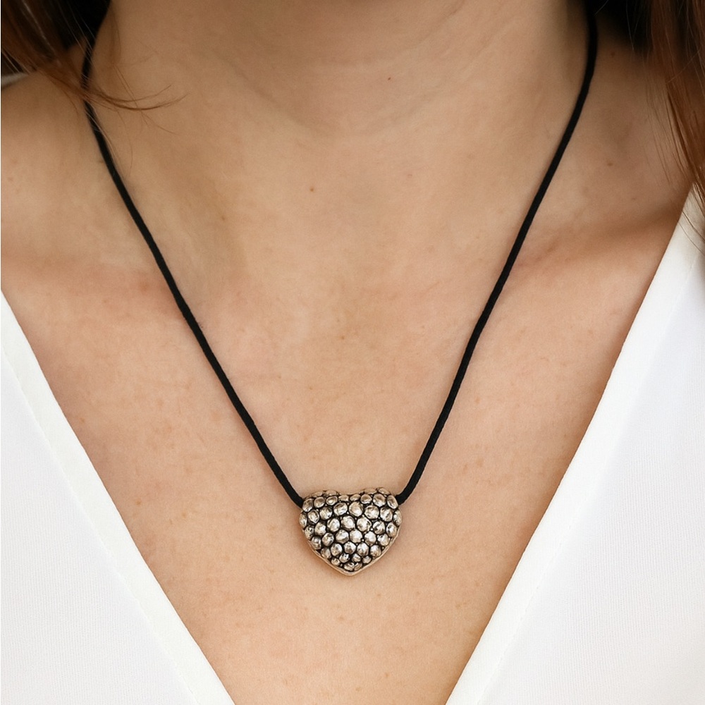 Lagos Caviar Silver Beaded Puffed Heart Pendant w/ Leather Cord RARE - Picture 2 of 12